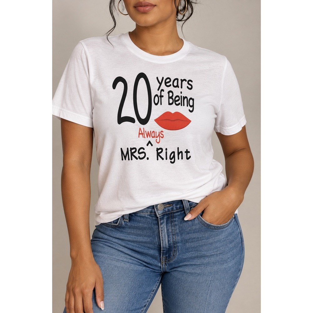 S 203 20 Years Being Mrs Right Anniversary Graphic Tee White Red Lips Shirt